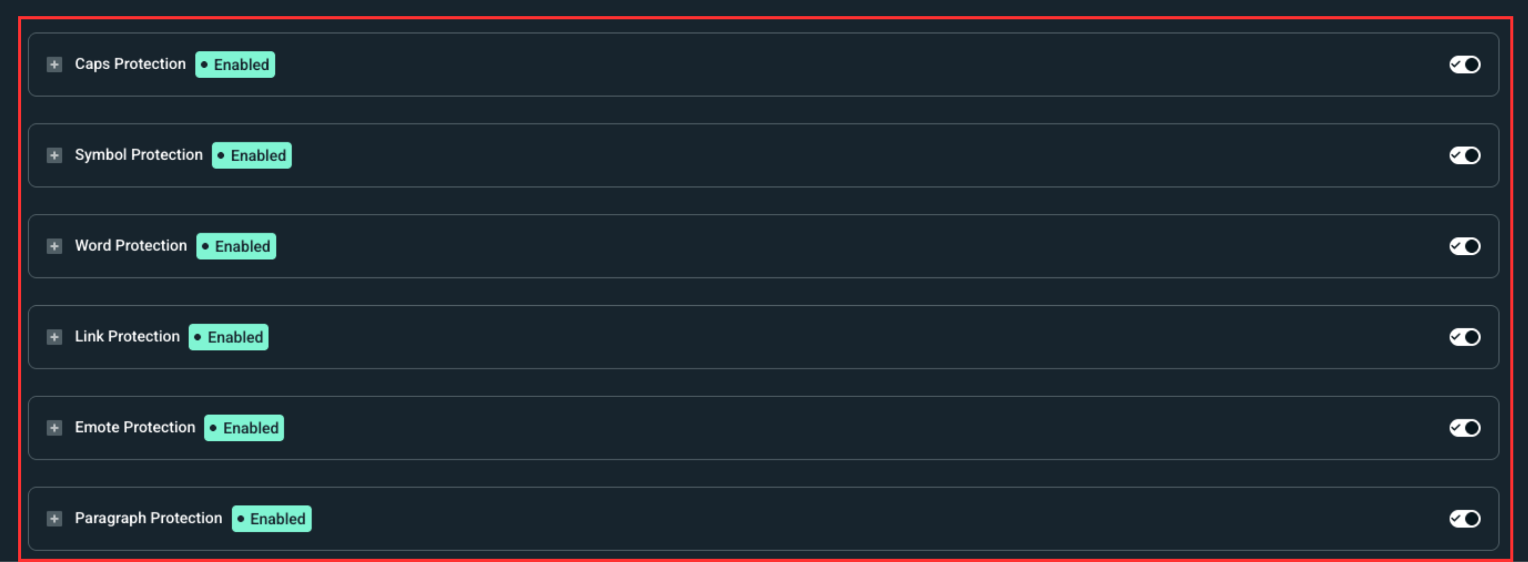 Different content moderation protections that can be enabled in Cloudbot settings.